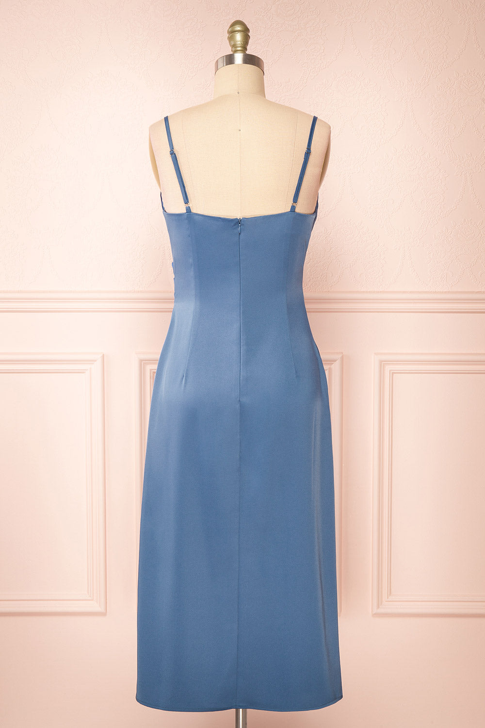 Chloe Blue Cowl Neck Satin Midi Slip Dress | Boutique 1861 back view