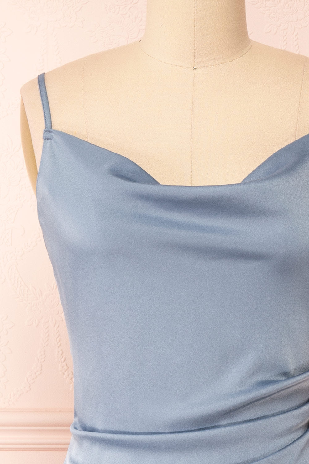 Chloe Blue Grey Cowl Neck Satin Midi Slip Dress | Boutique 1861 front close-up