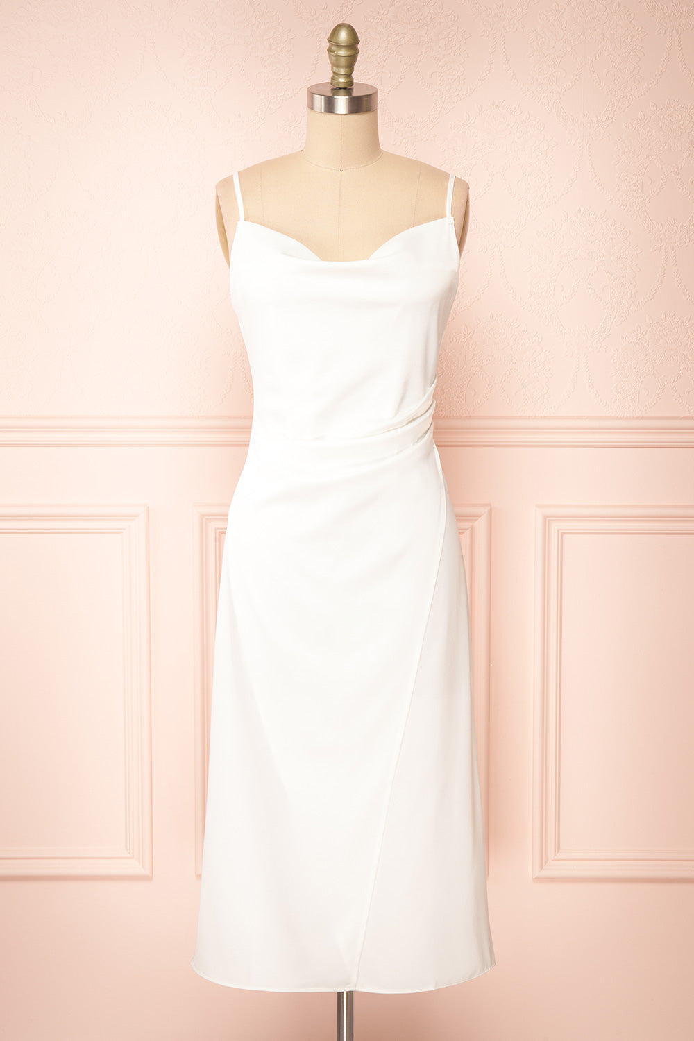 Chloe Ivory Cowl Neck Satin Midi Slip Dress | Boutique 1861 front view
