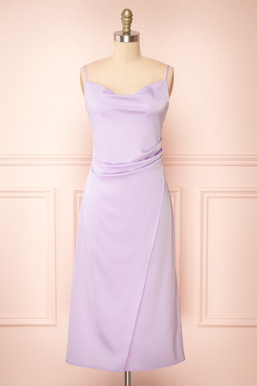 Chloe Lilac Cowl Neck Satin Midi Slip Dress | Boutique 1861 front view