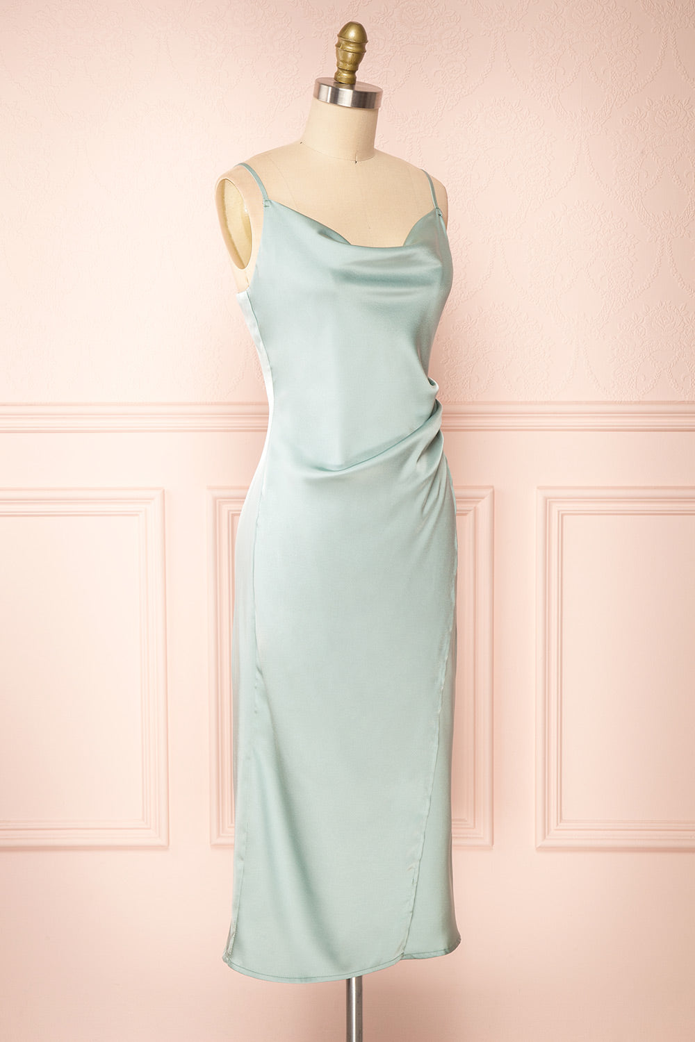 Chloe Mint Cowl Neck Silky Midi Slip Dress | Boutique 1861 side view