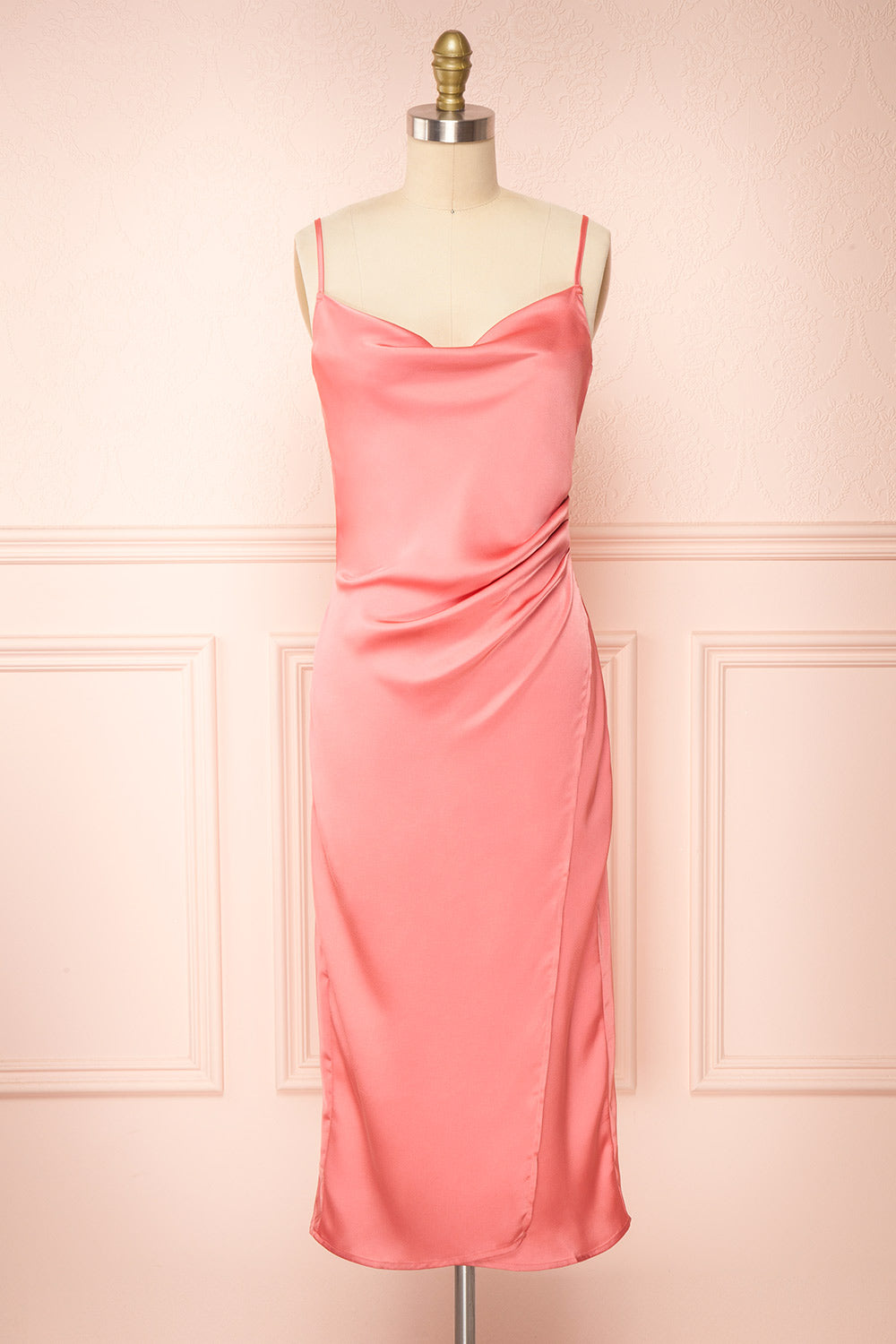 Chloe Pink Cowl Neck Silky Midi Slip Dress | Boutique 1861 front view