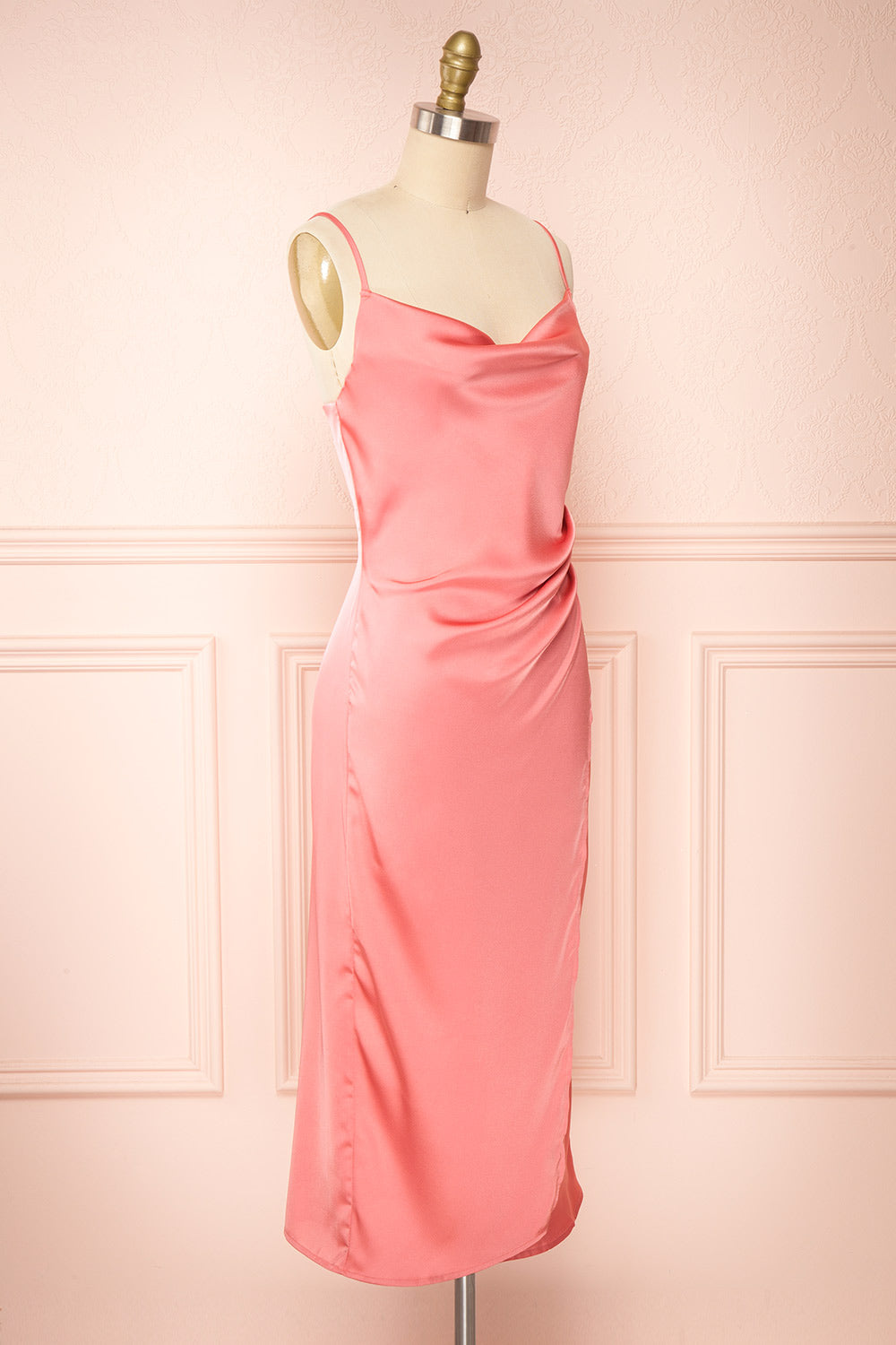 Chloe Pink Cowl Neck Silky Midi Slip Dress | Boutique 1861 side view