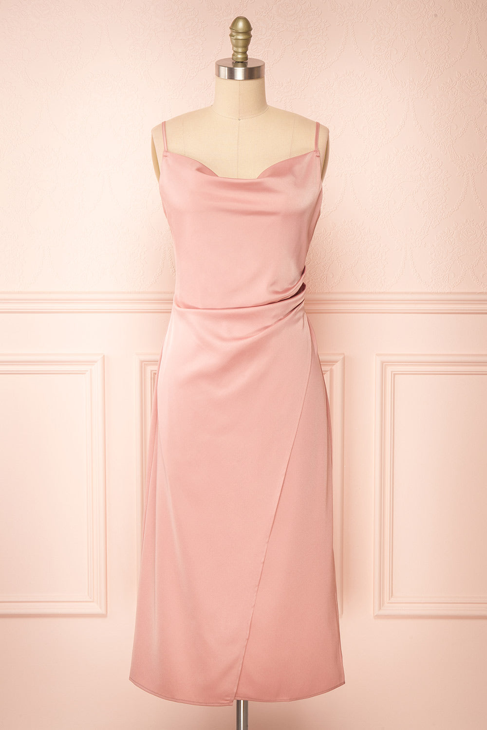 Chloe Pink Cowl Neck Satin Midi Slip Dress | Boutique 1861 front view