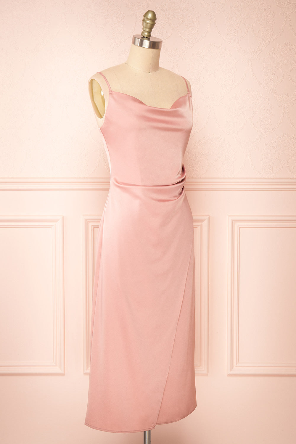 Chloe Pink Cowl Neck Satin Midi Slip Dress | Boutique 1861 side view