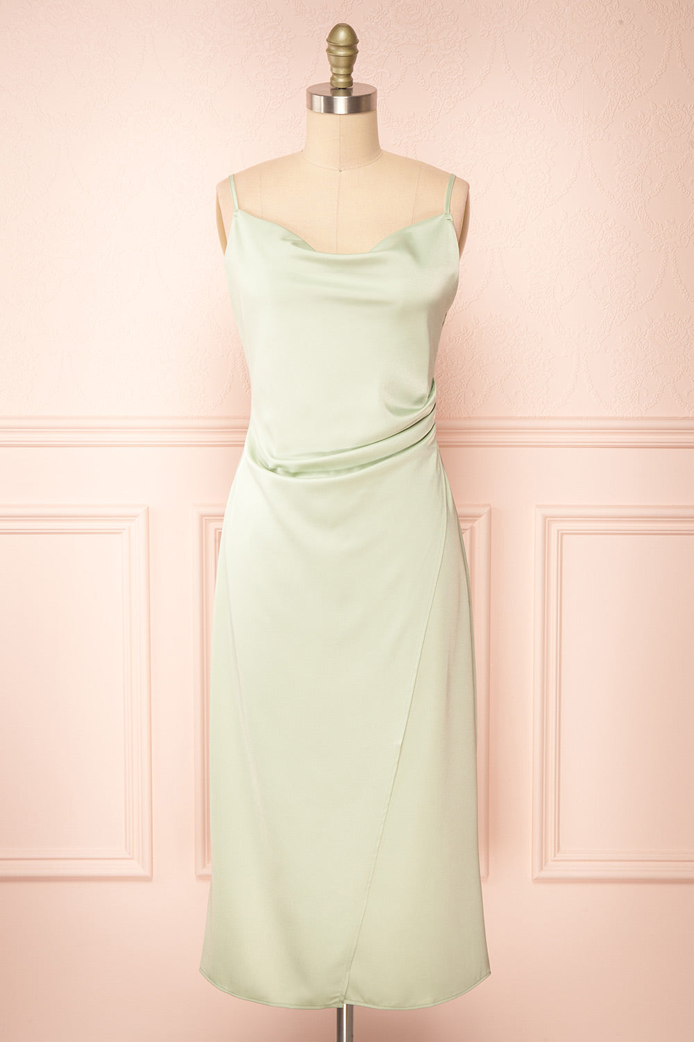 Chloe Sage Green Cowl Neck Satin Midi Slip Dress | Boutique 1861 front view