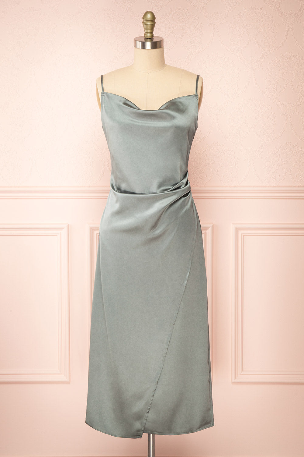 Chloe Silver Cowl Neck Silky Midi Slip Dress | Boutique 1861 front view