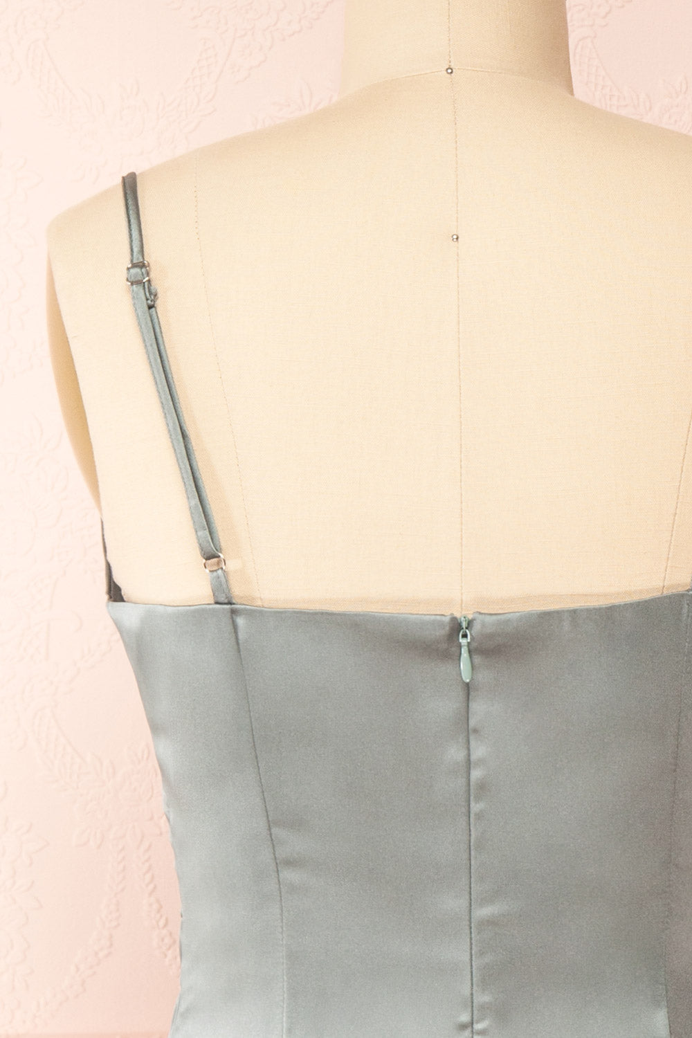 Chloe Silver Cowl Neck Silky Midi Slip Dress | Boutique 1861 back close-up