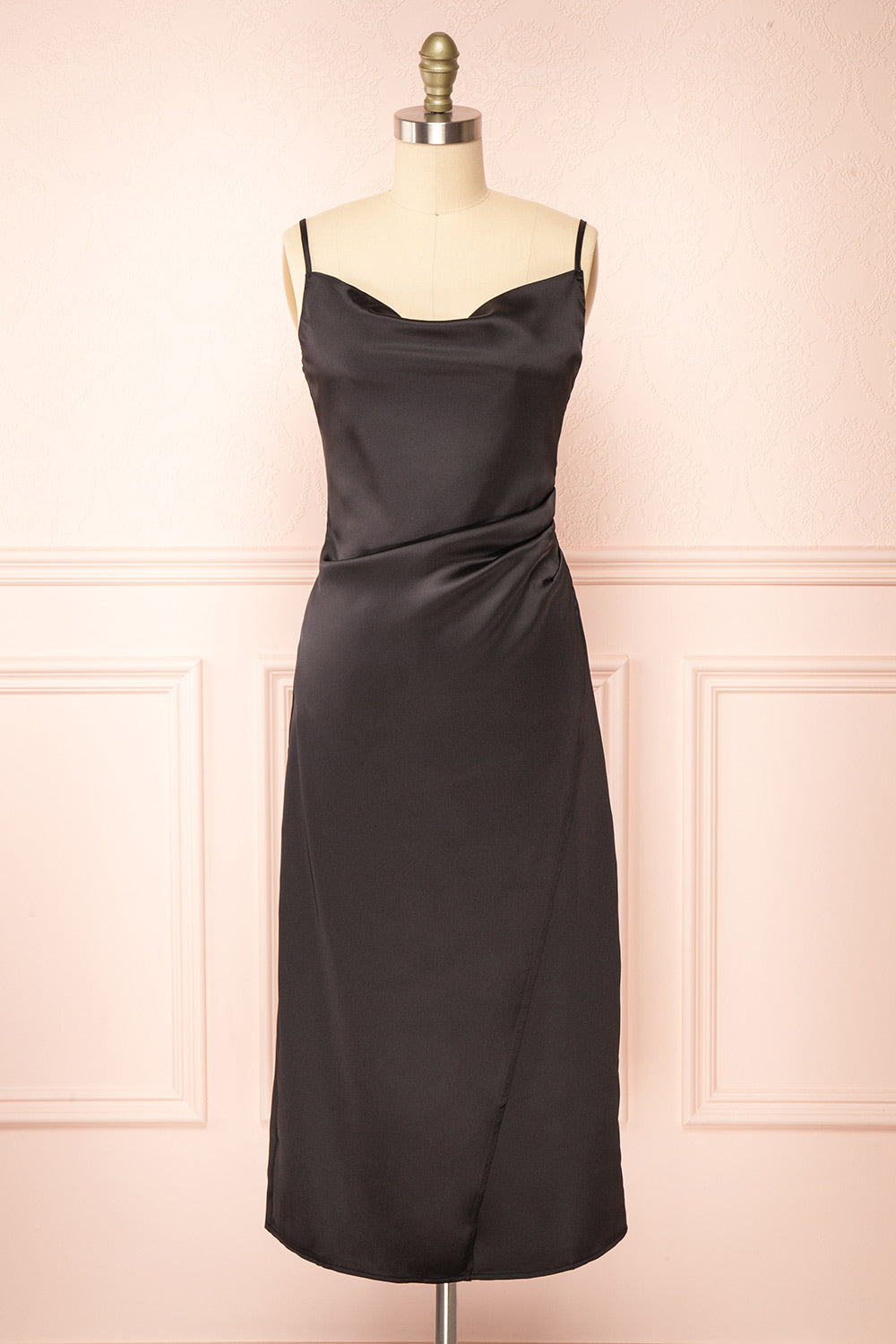 Chloe Storm Black Silky Midi Slip Dress | Boutique 1861 front view
