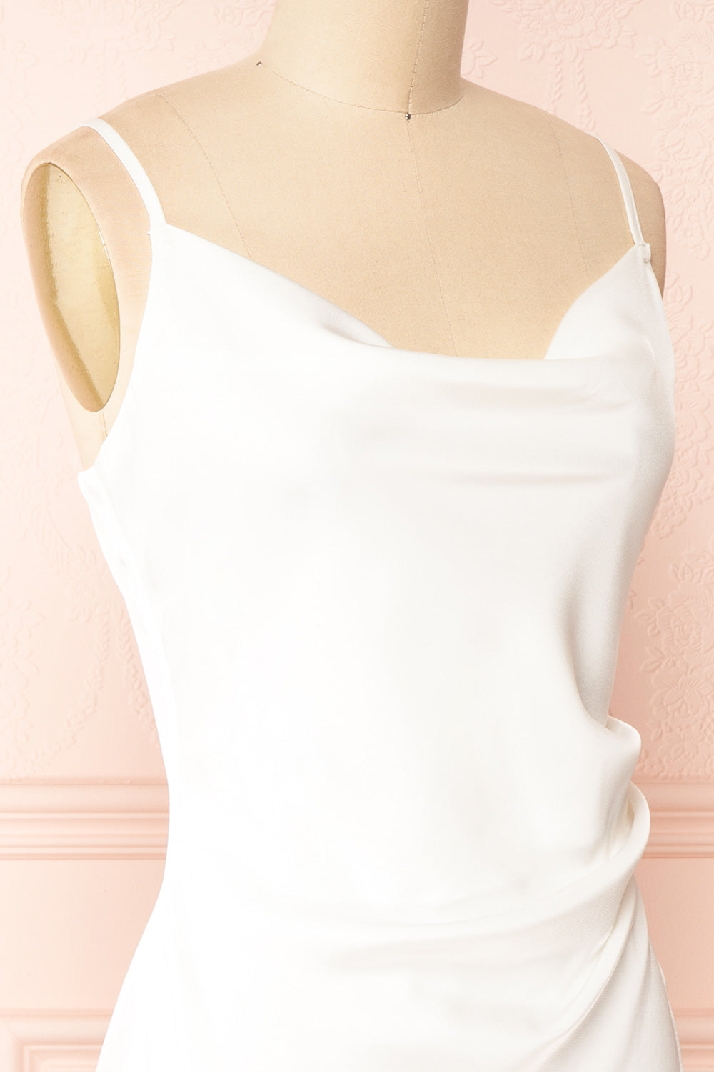 Chloe White Cowl Neck Silky Midi Slip Dress | Boutique 1861 side close-up