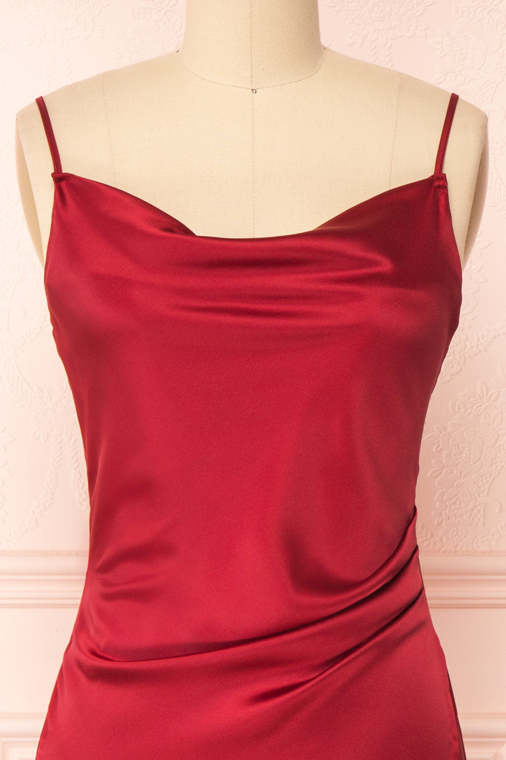 Chloe Wine Red Silky Midi Slip Dress | Boutique 1861 front close-up