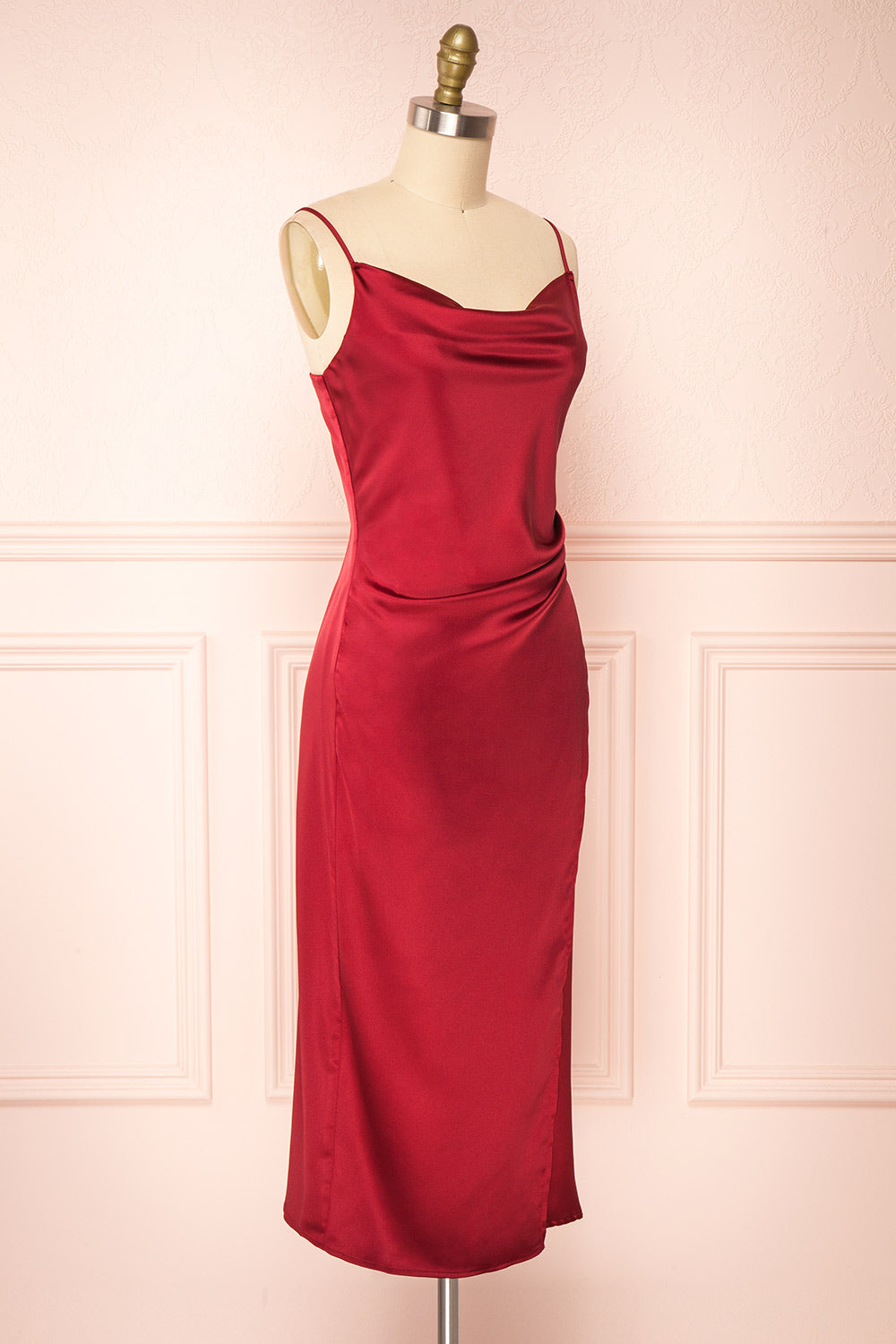 Chloe Wine Red Silky Midi Slip Dress | Boutique 1861 side view 