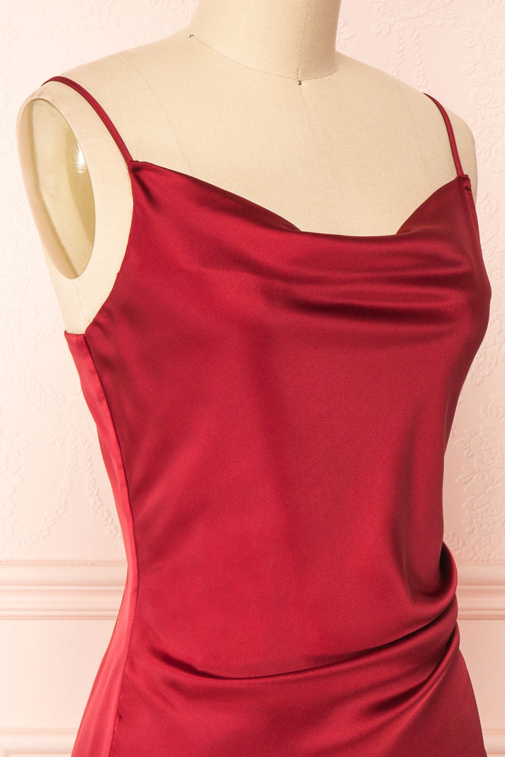 Chloe Wine Red Silky Midi Slip Dress | Boutique 1861 side close-up