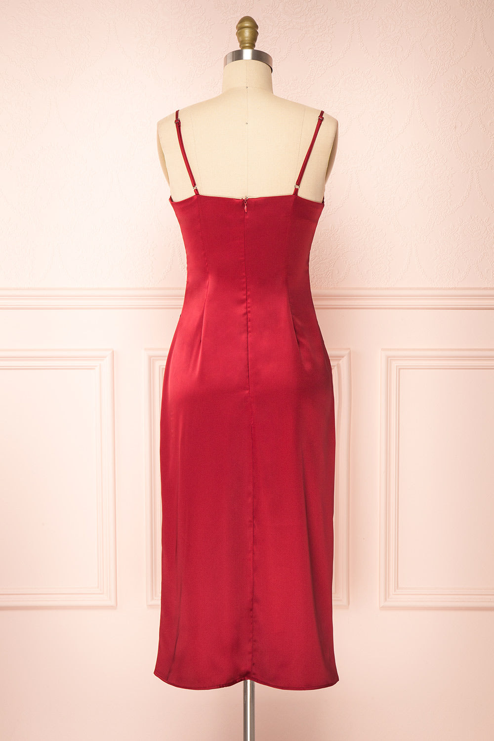 Chloe Wine Red Silky Midi Slip Dress | Boutique 1861 back view 