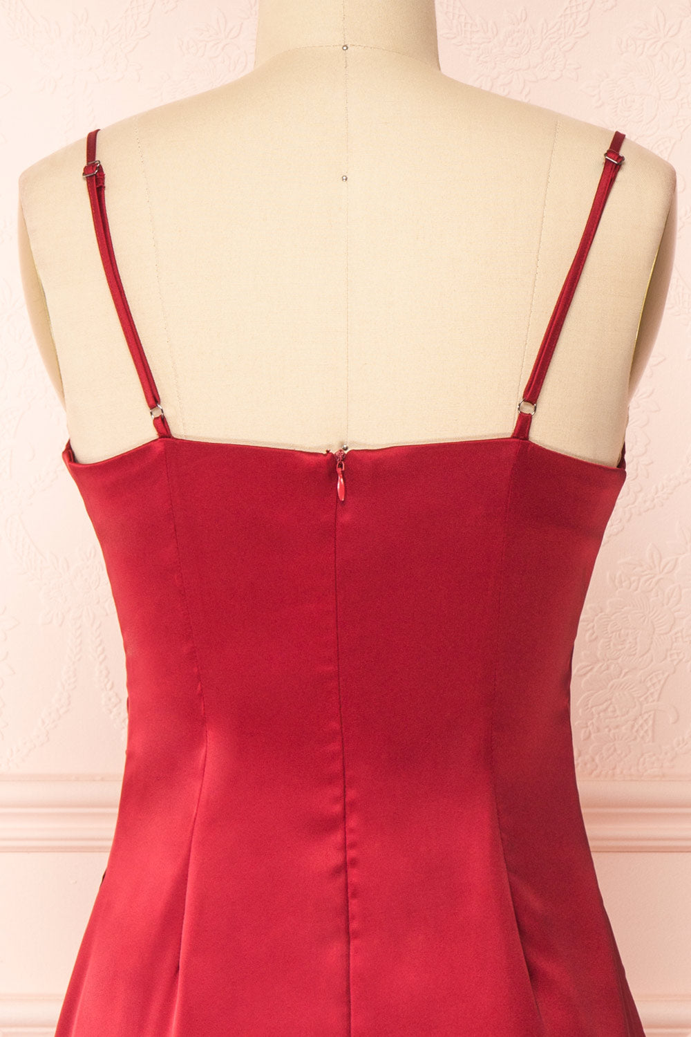 Chloe Wine Red Silky Midi Slip Dress | Boutique 1861 back close-up