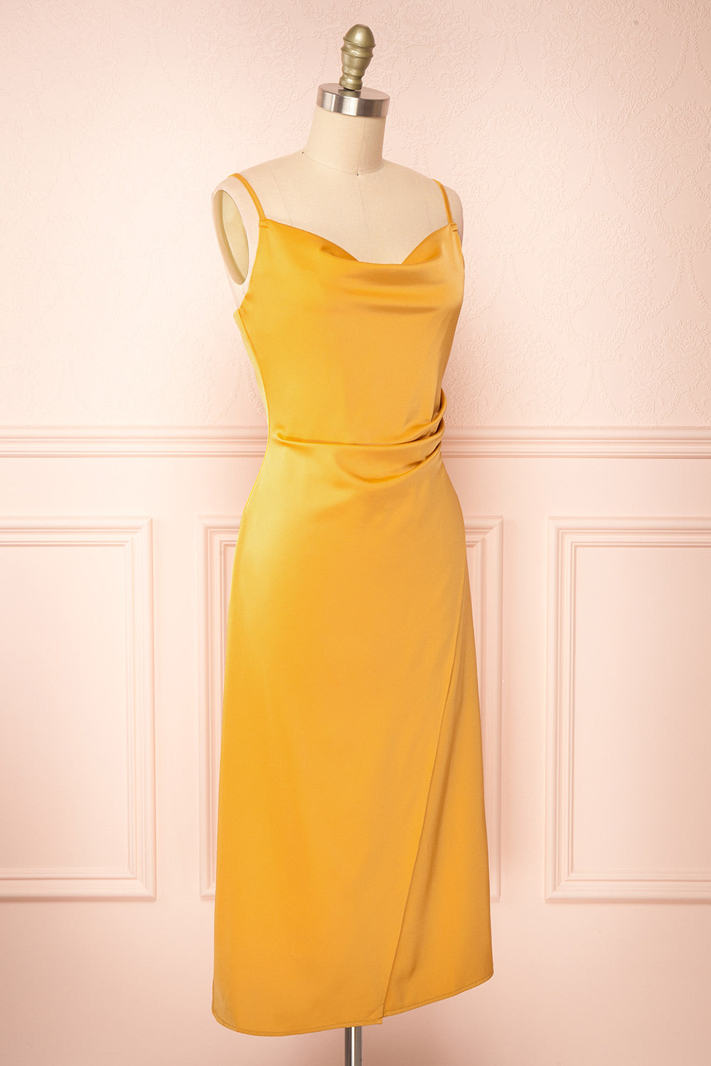 Chloe Yellow Cowl Neck Satin Midi Slip Dress | Boutique 1861 side view
