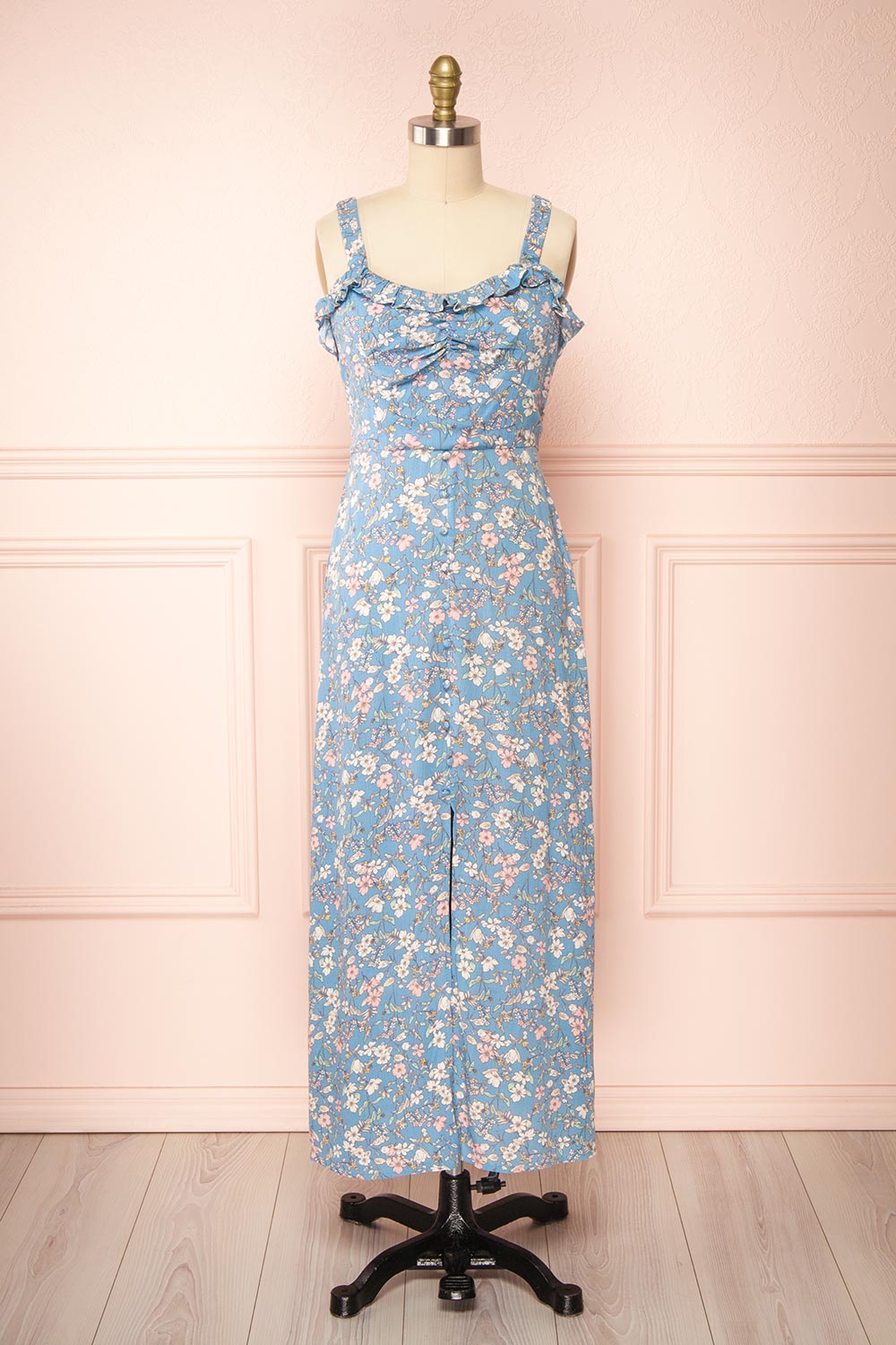 Chrona Blue Floral Midi Dress w/ Large Straps
