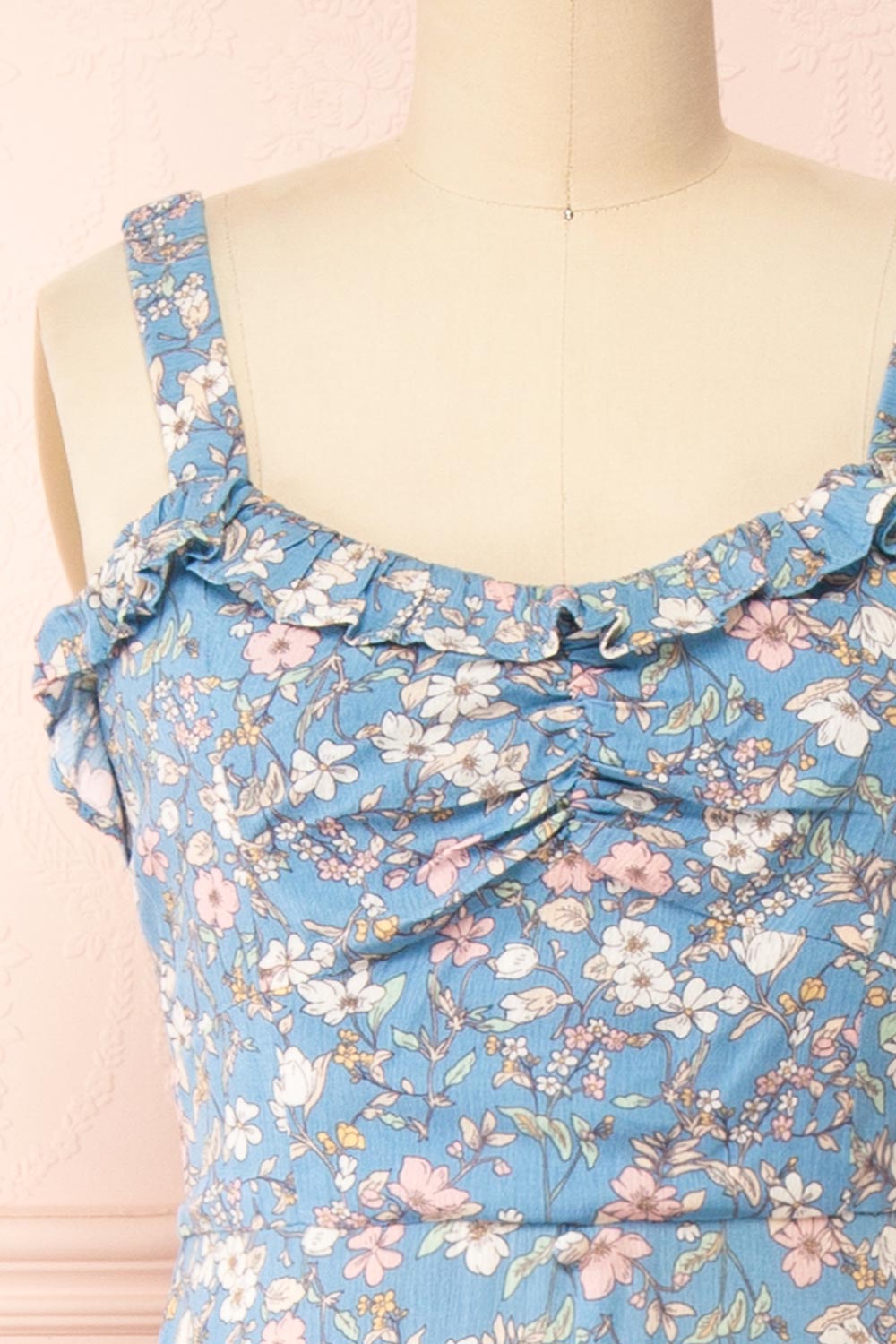 Chrona Blue Floral Midi Dress w/ Large Straps | Boutique 1861 front close-up
