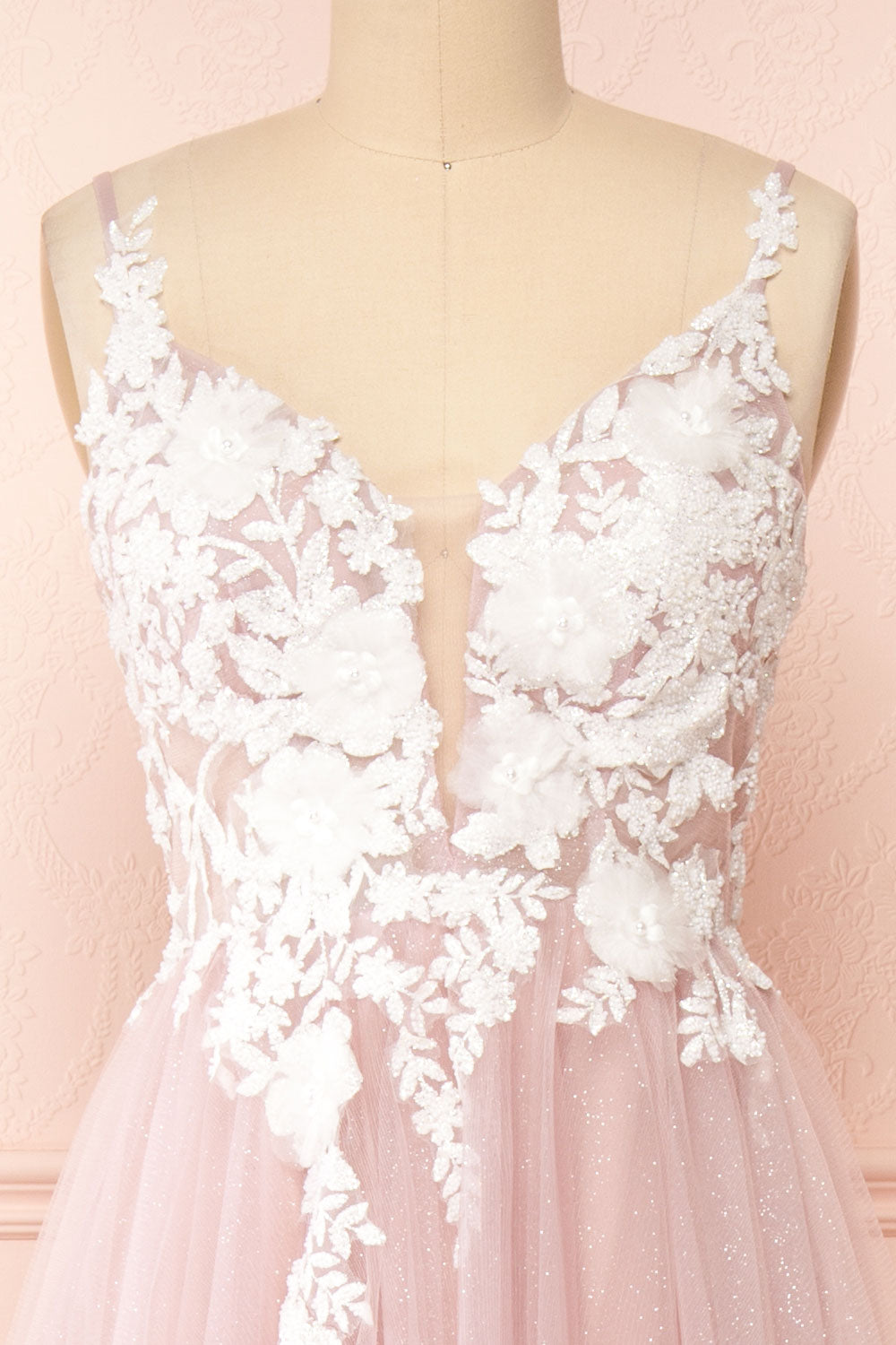 Clara Mauve Maxi Tulle Dress with Lace Bodice | Boudoir 1861 front close-up