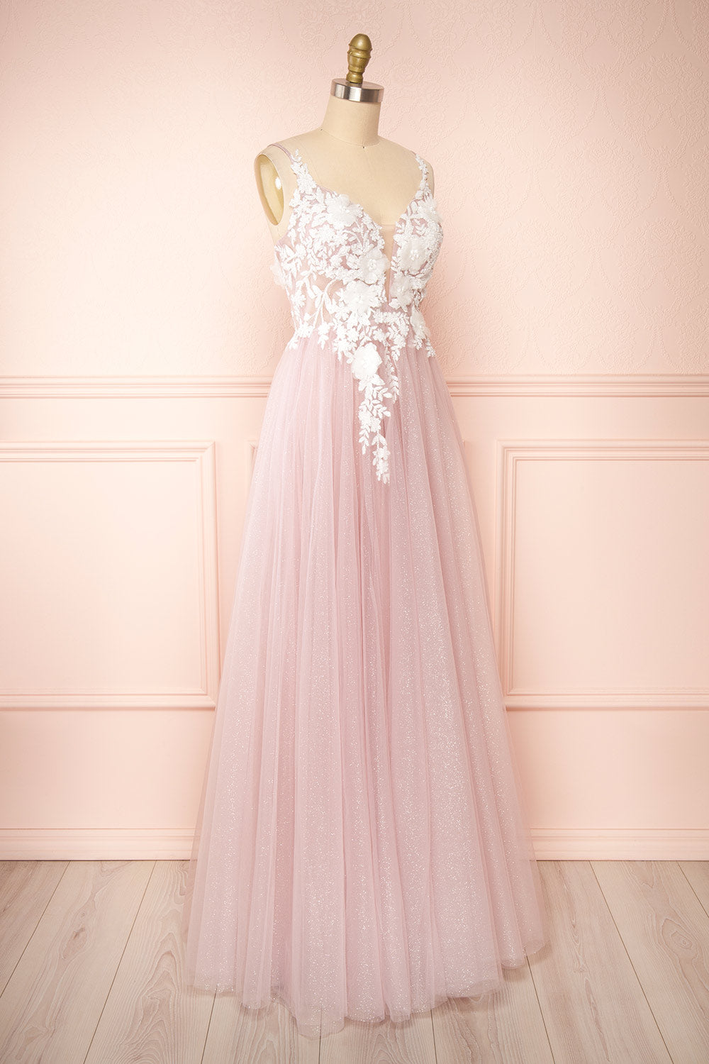 Clara Mauve Maxi Tulle Dress with Lace Bodice | Boudoir 1861 side view