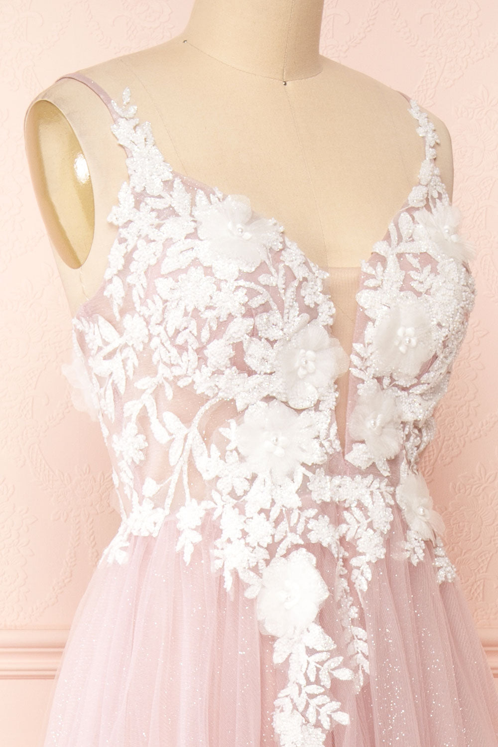 Clara Mauve Maxi Tulle Dress with Lace Bodice | Boudoir 1861 side close-up