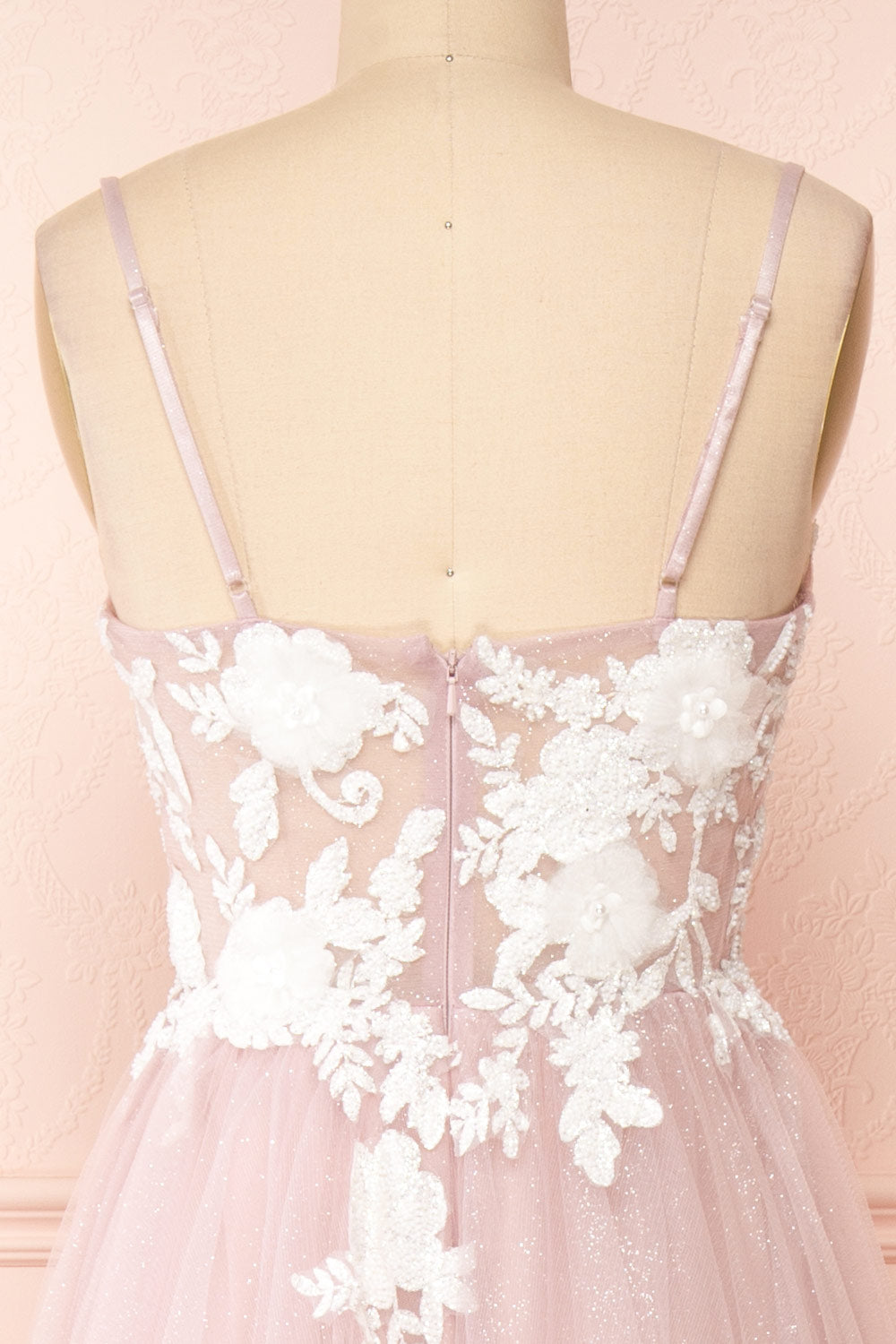 Clara Mauve Maxi Tulle Dress with Lace Bodice | Boudoir 1861 back close-up