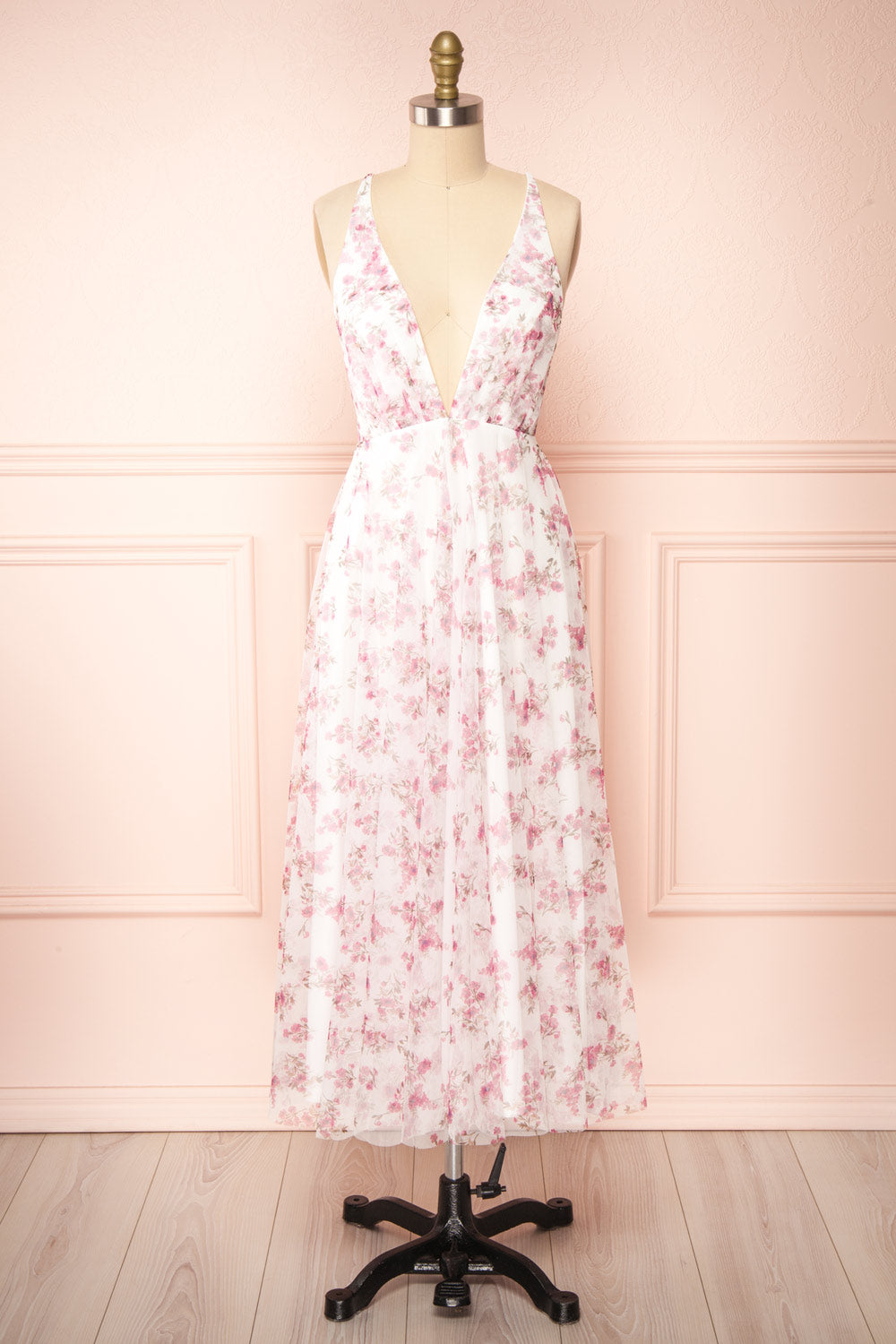 Claudie Plunging Neckline Tulle Midi Dress | Boutique 1861 front view