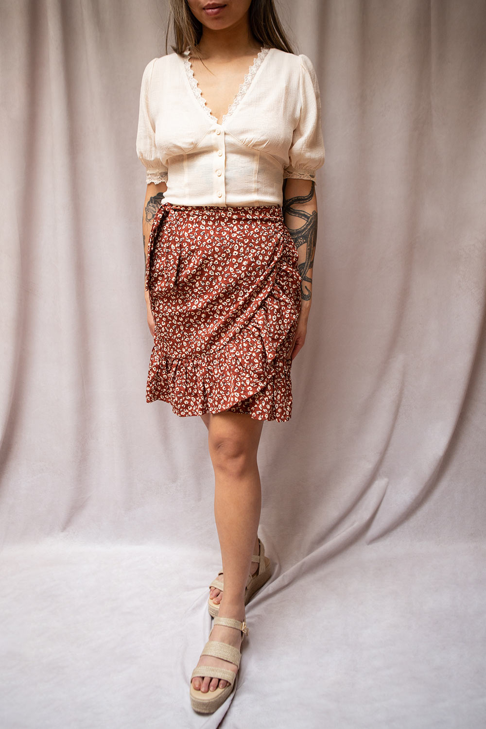 Clavis Beige Button-Up Lace Crop Top | Boutique 1861 on model