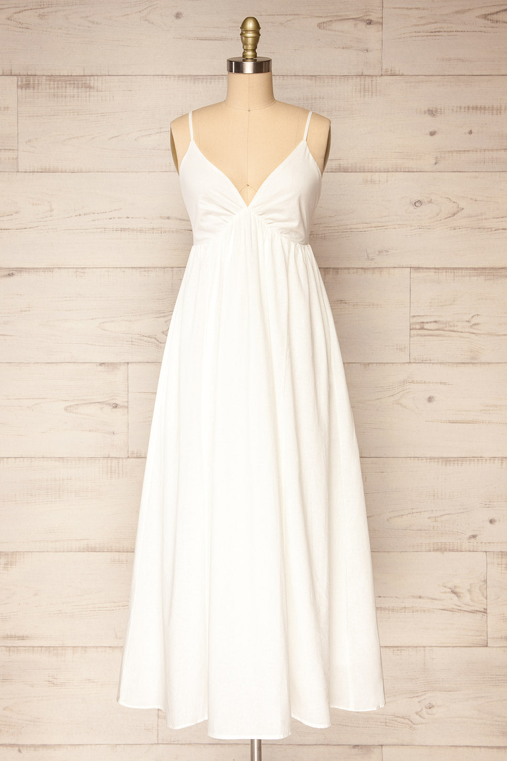 Cloppen Ivory V-Neck Midi Dress | La petite garçonne front view