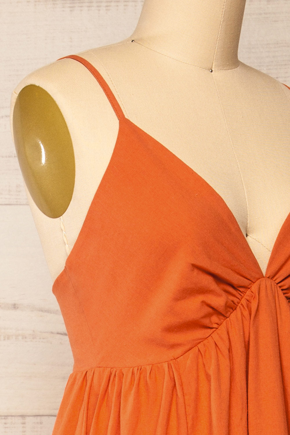 Cloppen Orange V-Neck Midi Dress | La petite garçonne side close-up