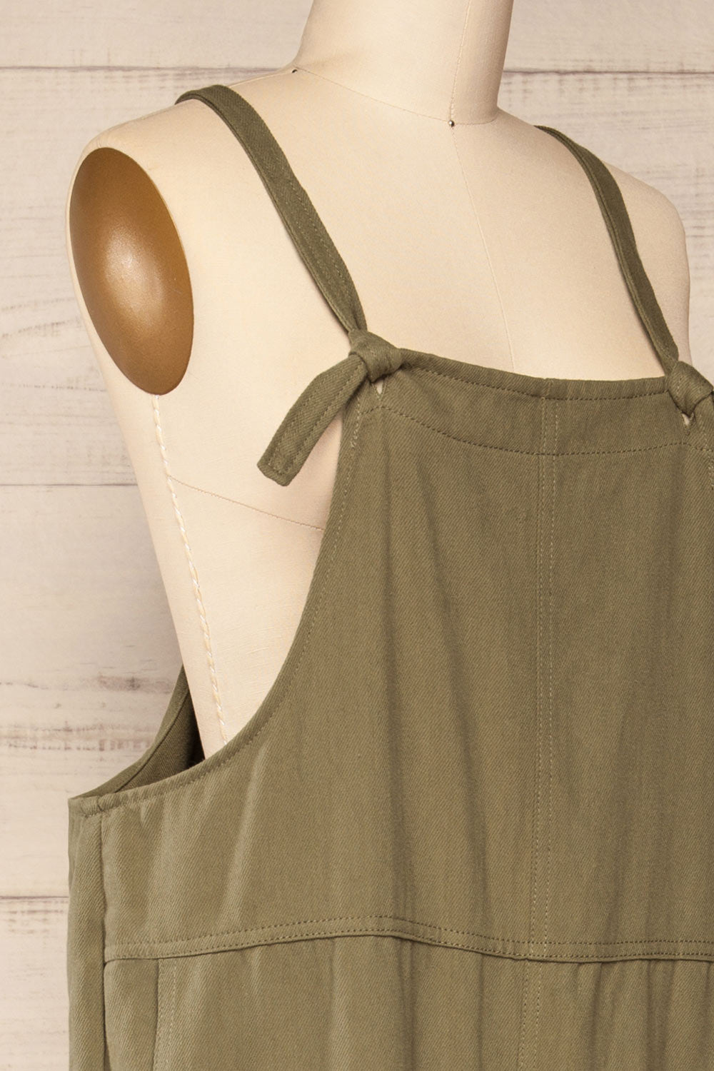Coka Green Denim Knotted Straps Overalls | La petite garçonne side close up