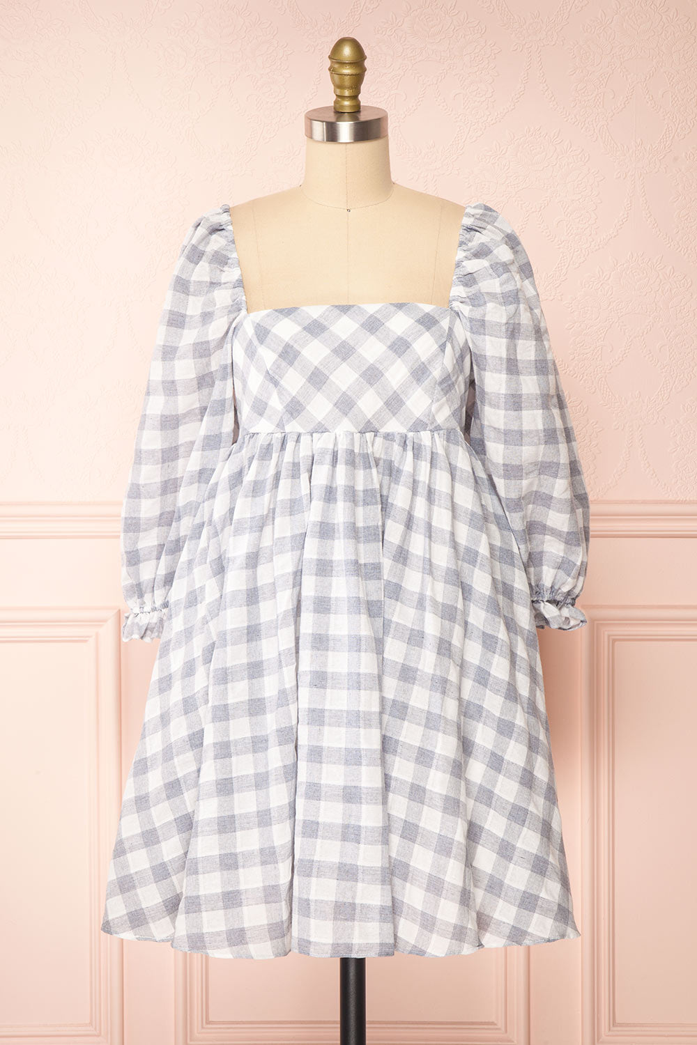 Conie Blue | Puffed Sleeves Short Checkered Dress front view