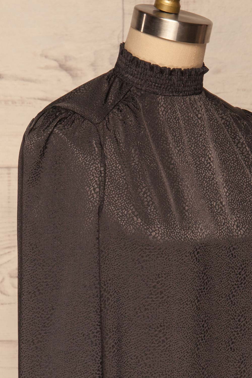 Corenne Dark Grey Satin Blouse | Haut side close up | La Petite Garçonne