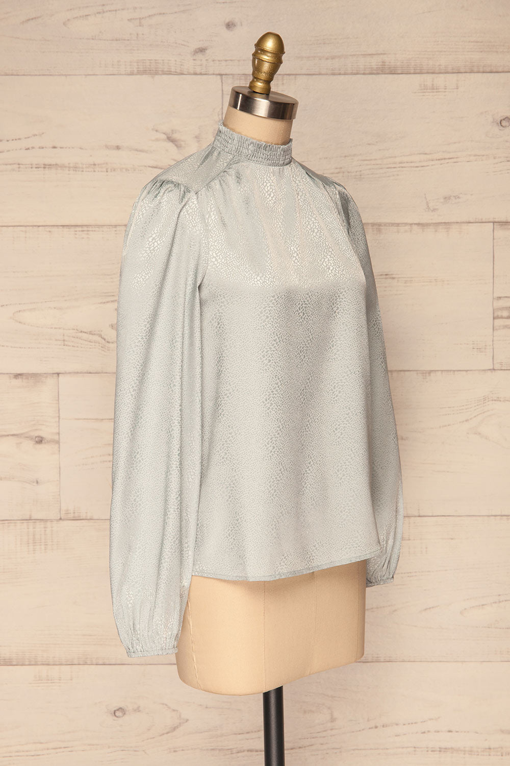 Corenne Pale Blue Satin Blouse | Haut side view | La Petite Garçonne
