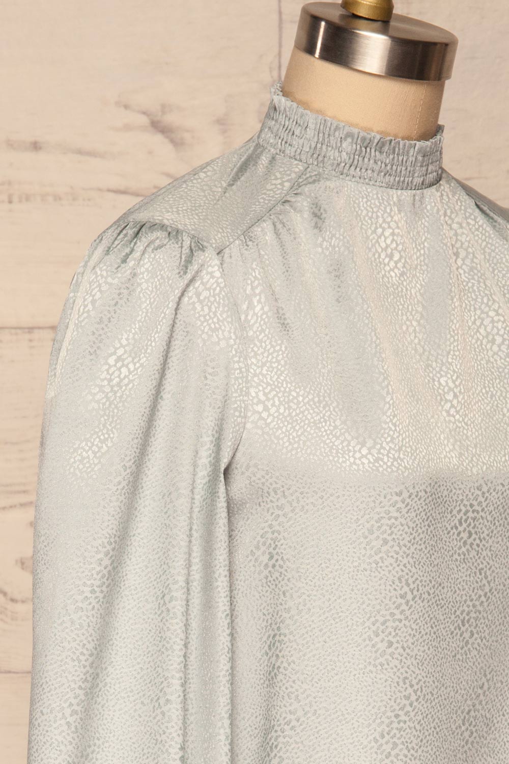 Corenne Pale Blue Satin Blouse | Haut side close up | La Petite Garçonne