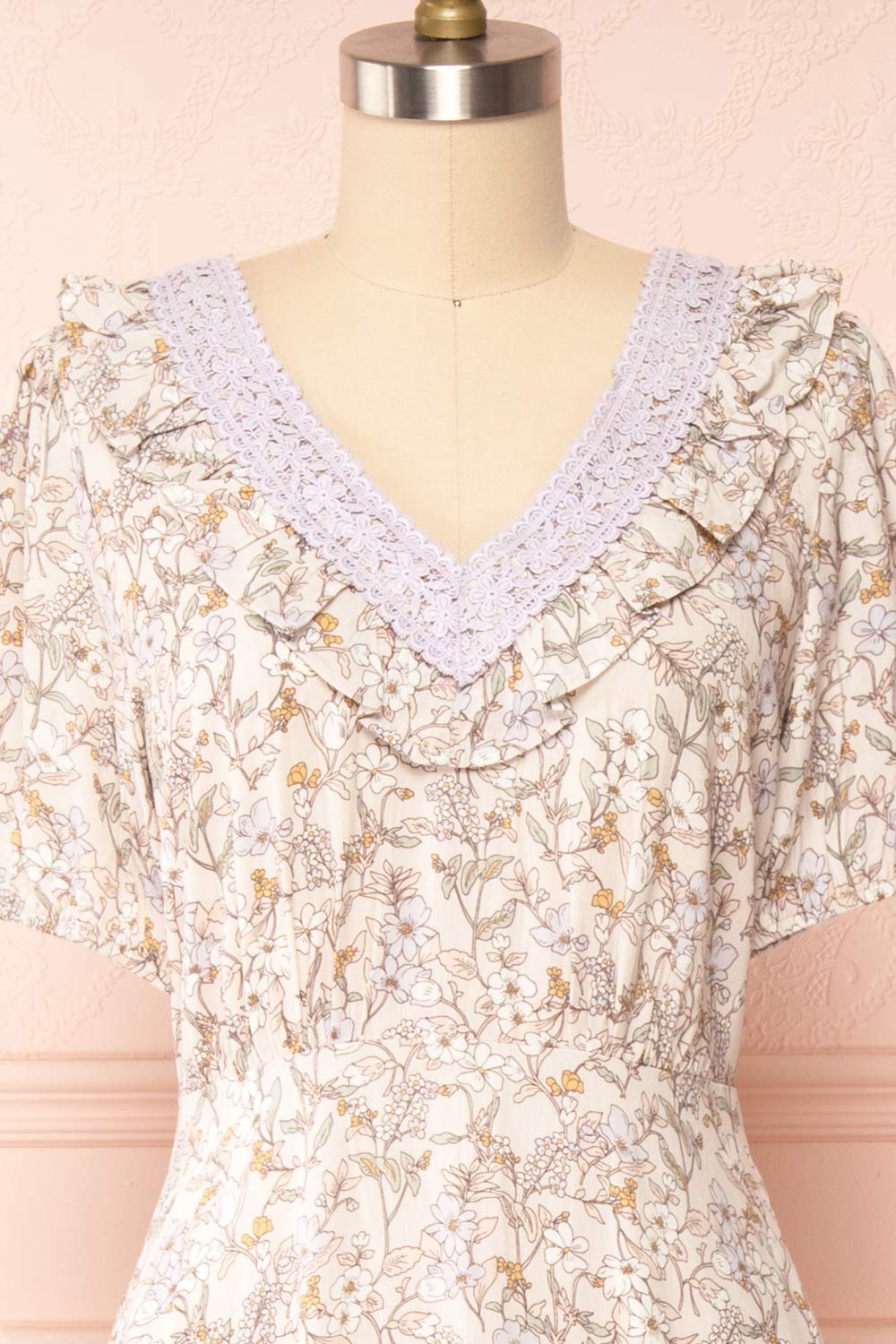 Corinne Floral Midi Dress w/ Embroidered Neckline | Boutique 1861 front close up