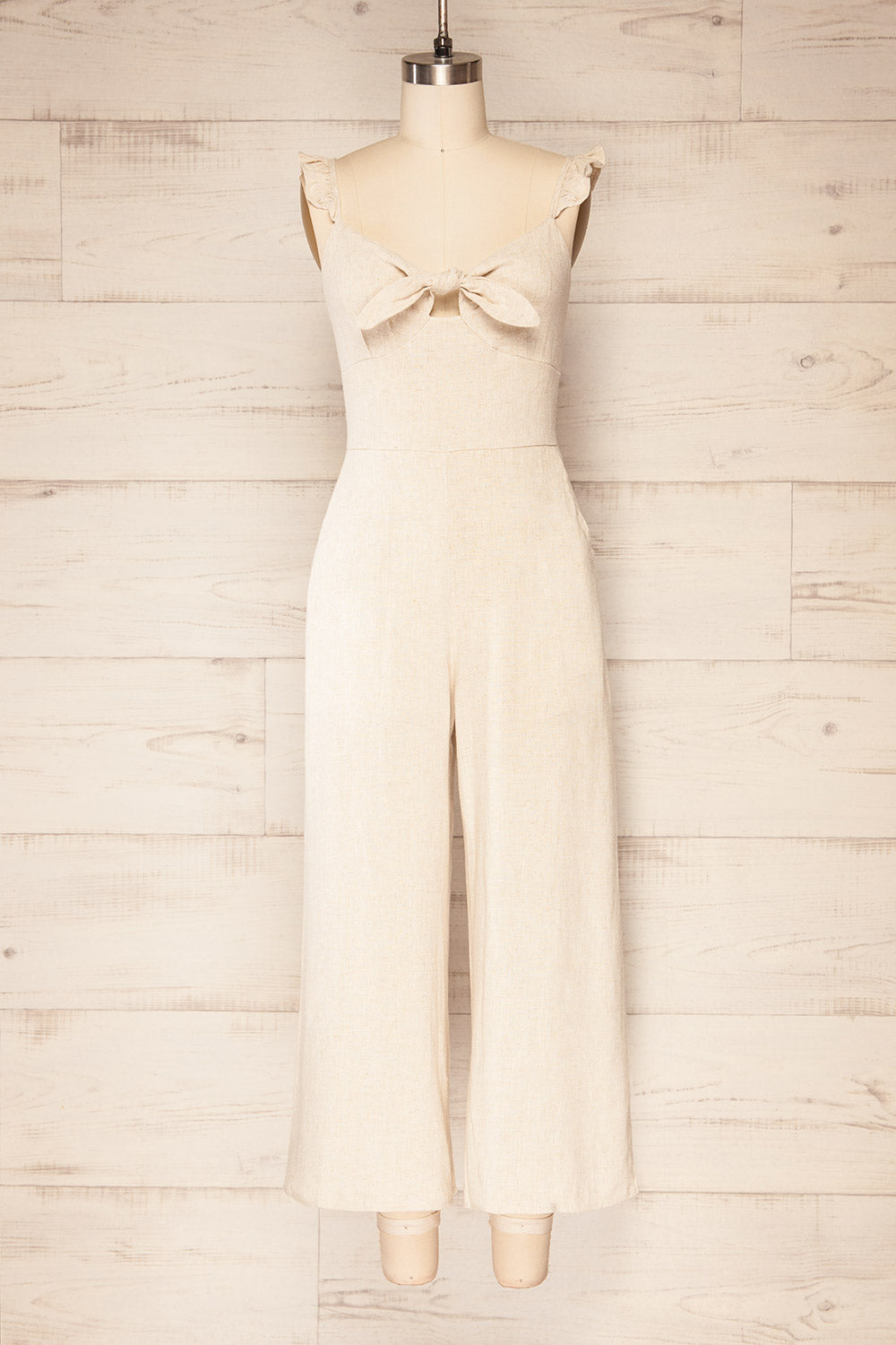 Crocevie Beige Jumpsuit with V-Neckline | La petite garçonne front view