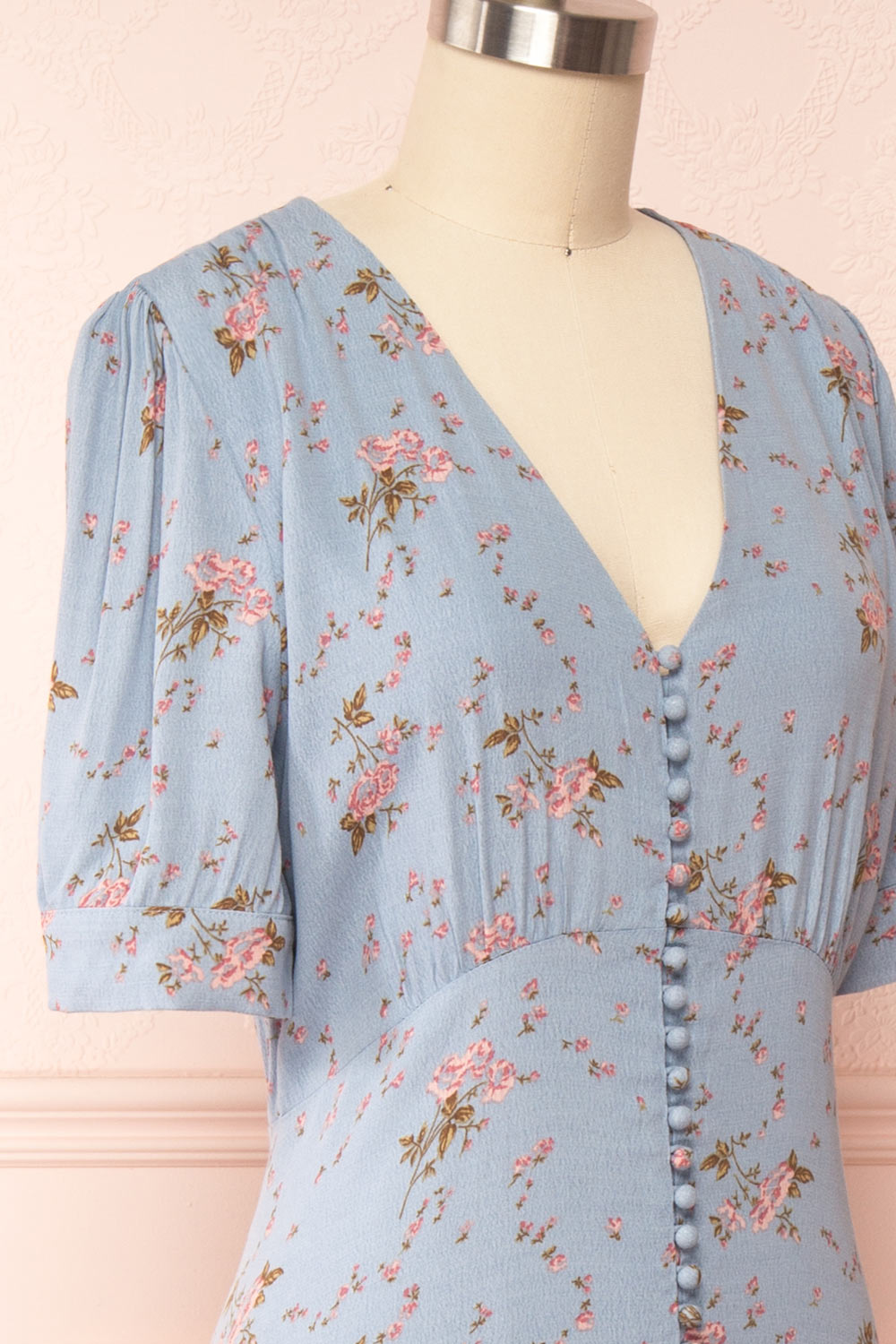 Cynthia Floral Button-Up V-Neck Midi Dress | Boutique 1861 side close up