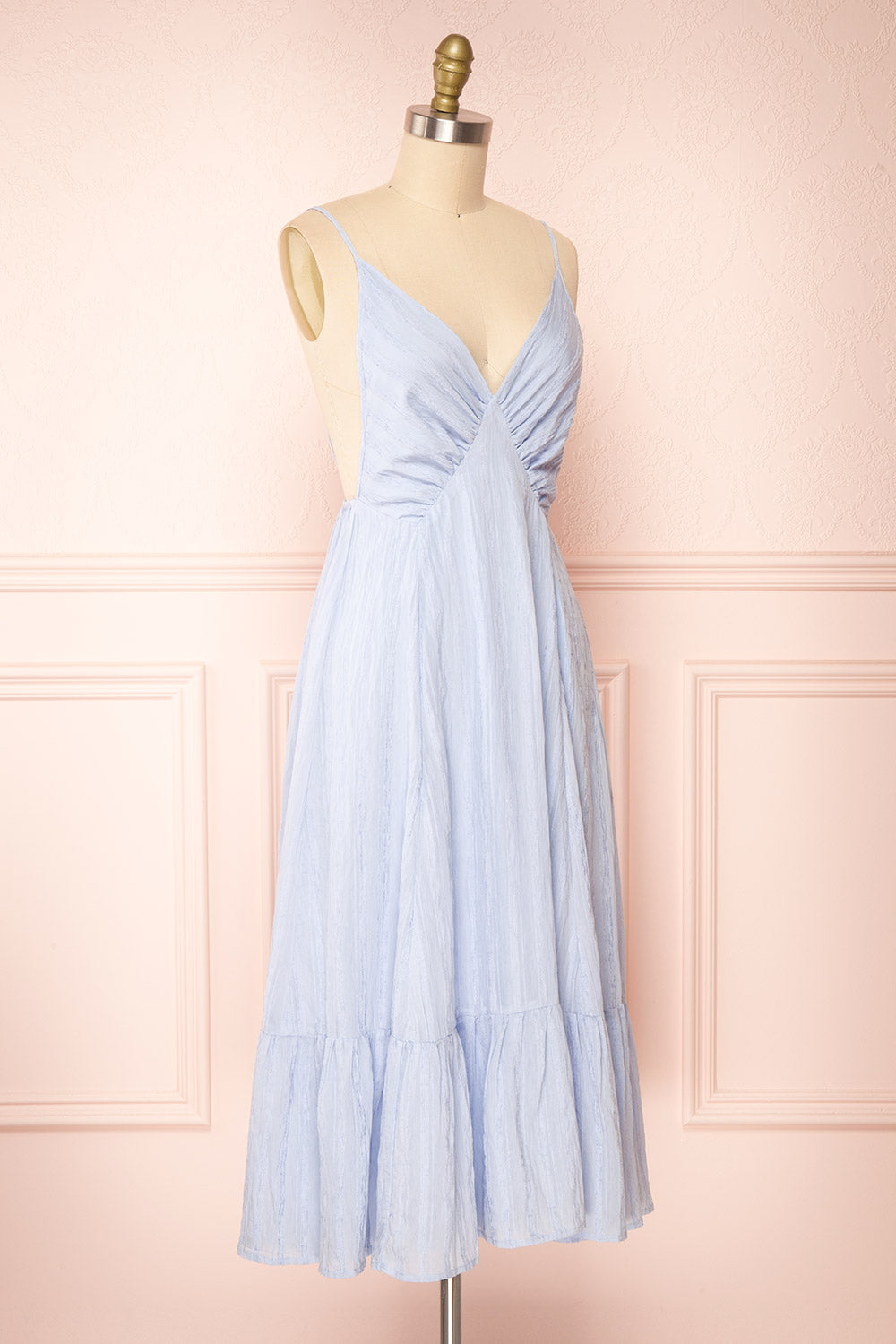 Darby Blue Plunged Neckline Textured Midi Dress | Boutique 1861 side view 