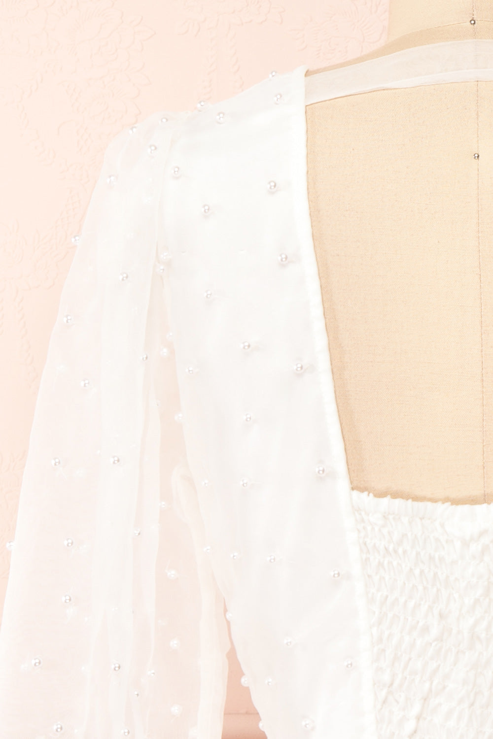 Darlene Short White A-Line Dress w/ Pearls | Boutique 1861 back close-up