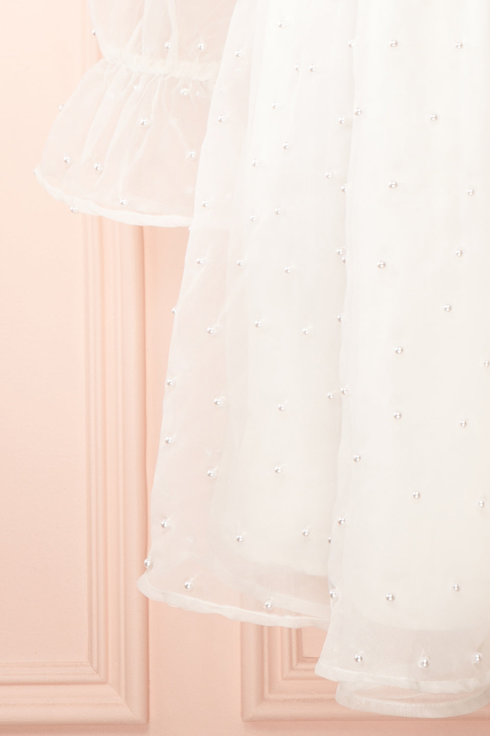 Darlene Short White A-Line Dress w/ Pearls | Boutique 1861 bottom close-up
