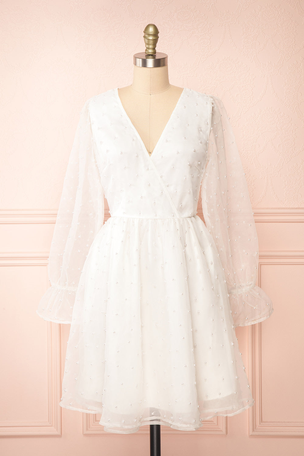 Darlene Short White A-Line Dress w/ Pearls
