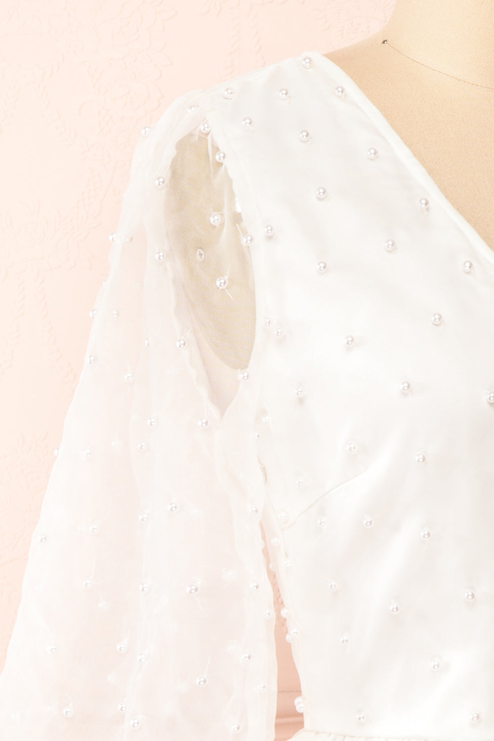 Darlene Short White A-Line Dress w/ Pearls | Boutique 1861 side close-up