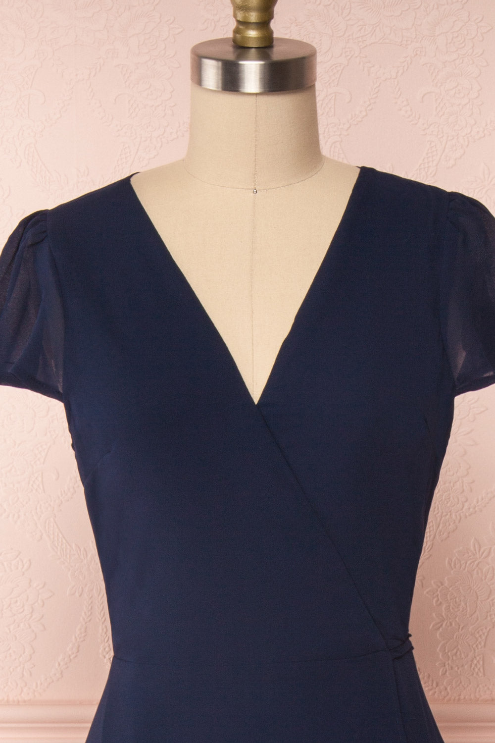 Debbie Marine Navy Minimalast Maxi Wrap Dress | Boudoir 1861 front close-up