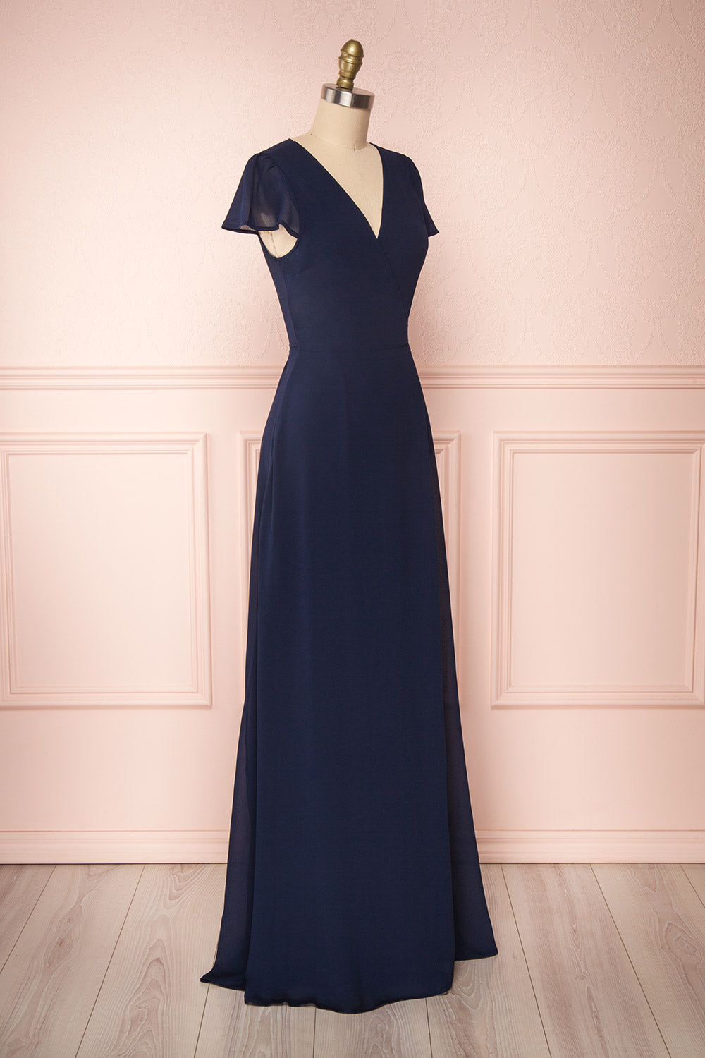 Debbie Marine Navy Minimalast Maxi Wrap Dress | Boudoir 1861 side view