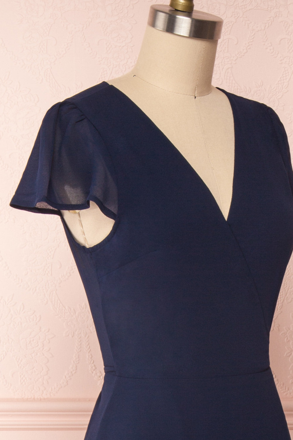 Debbie Marine Navy Minimalast Maxi Wrap Dress | Boudoir 1861 side close-up