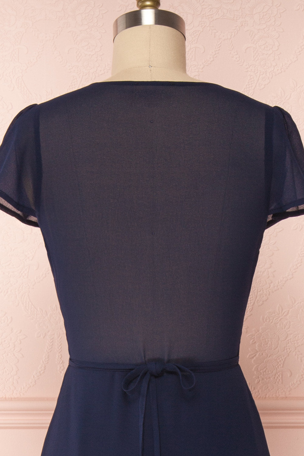 Debbie Marine Navy Minimalast Maxi Wrap Dress | Boudoir 1861 back close-up