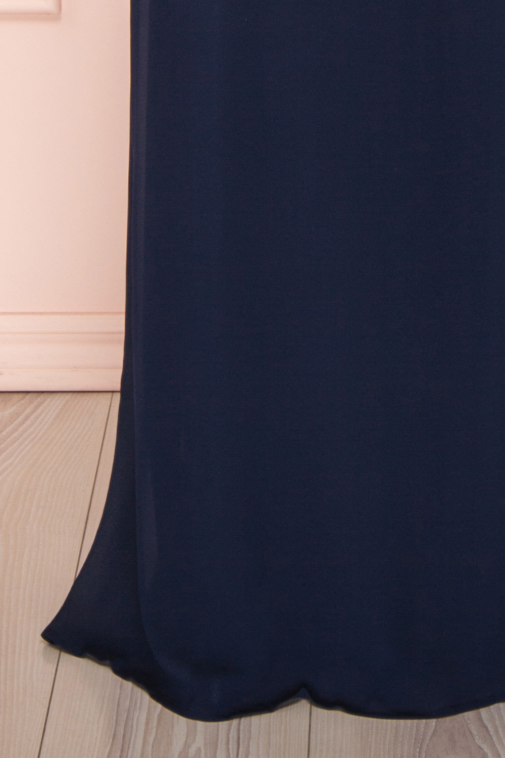 Debbie Marine Navy Minimalast Maxi Wrap Dress | Boudoir 1861 bottom close-up