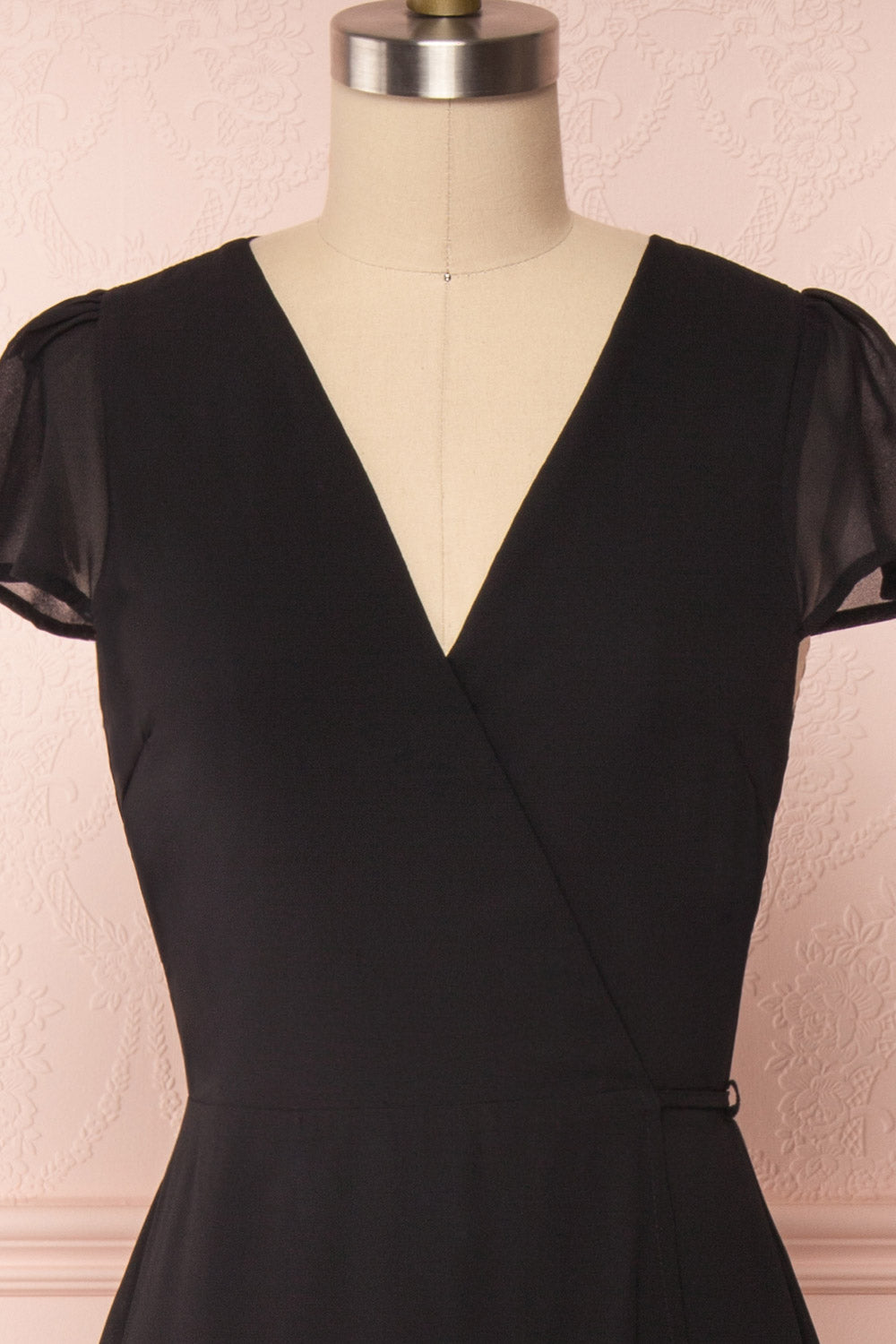 Debbie Noire Black Minimalist Maxi Wrap Dress | Boudoir 1861 front close-up