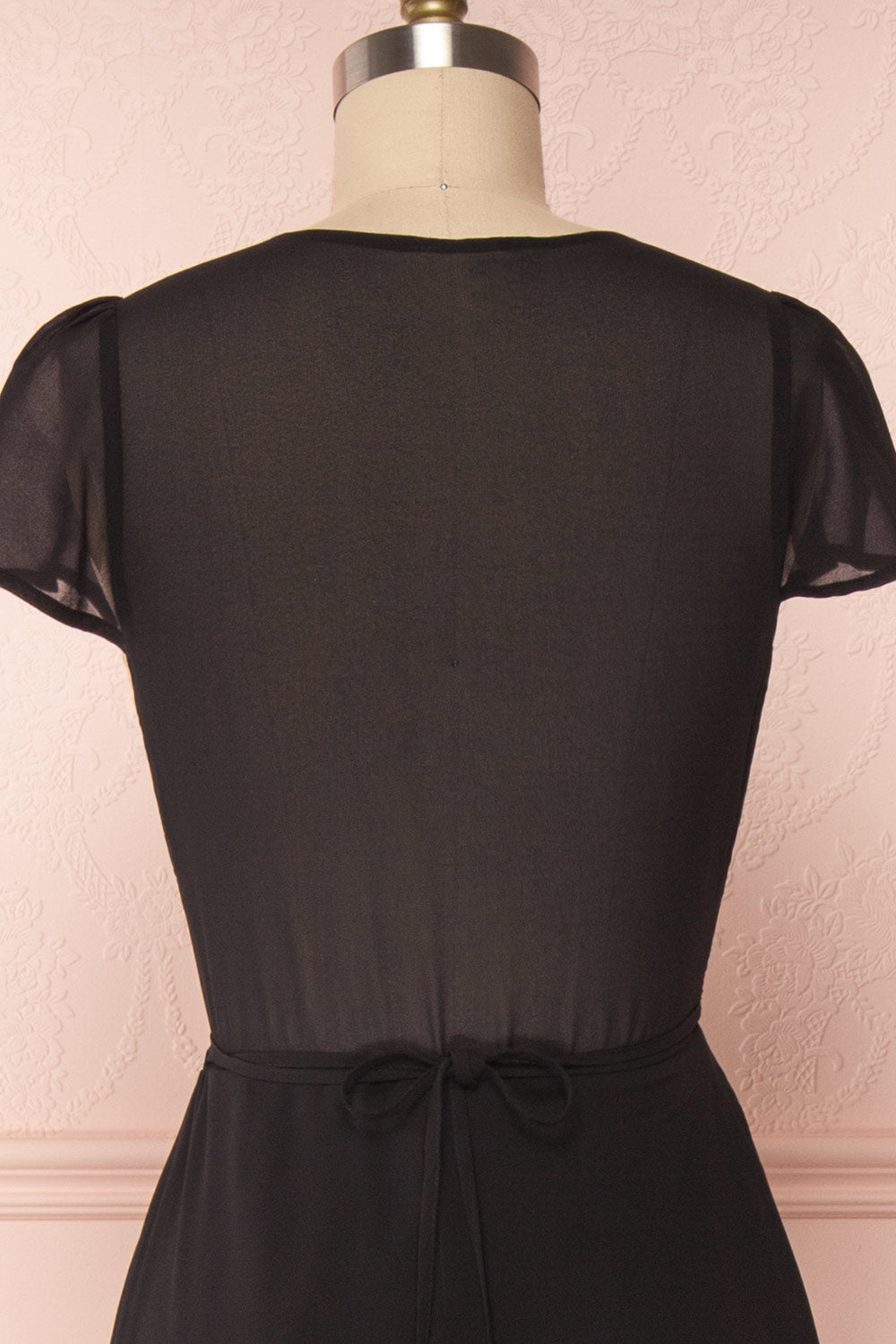 Debbie Noire Black Minimalist Maxi Wrap Dress | Boudoir 1861 back close-up